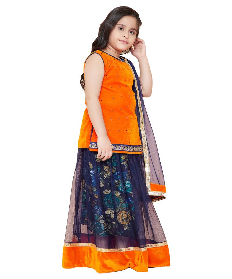 Orange Net printed stitched   lehenga &   choli with dupatta