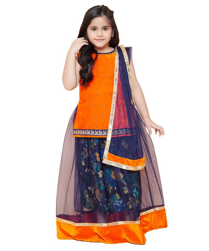 Orange Net printed stitched   lehenga &   choli with dupatta