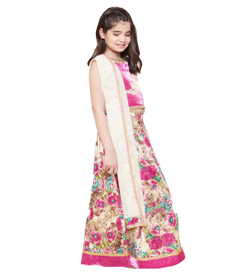 Pink silk printed stitched   lehenga &   choli with dupatta