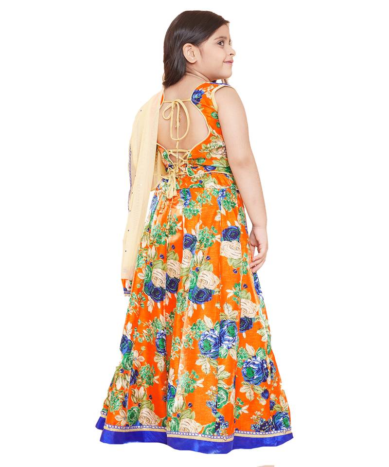 Gold silk printed stitched   lehenga &   choli with dupatta