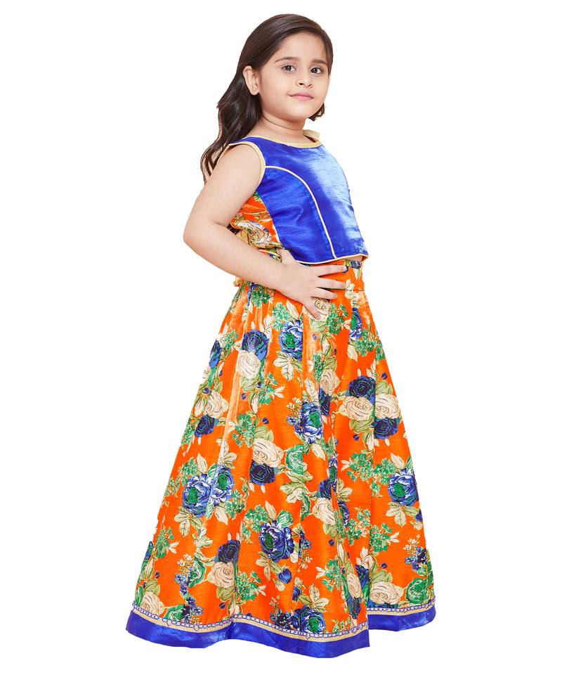 Gold silk printed stitched   lehenga &   choli with dupatta