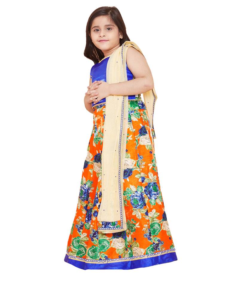 Gold silk printed stitched   lehenga &   choli with dupatta