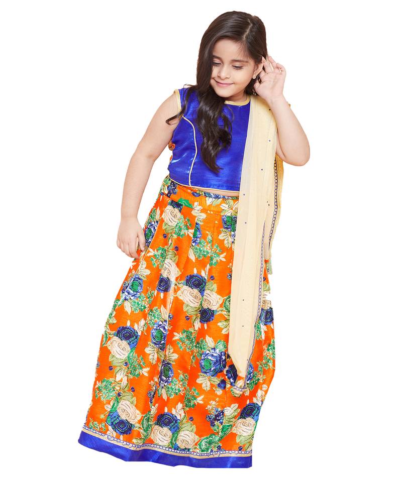 Gold silk printed stitched   lehenga &   choli with dupatta