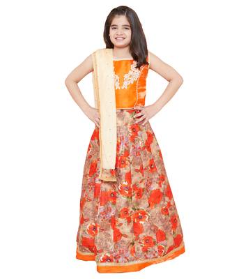 Orange silk printed stitched   lehenga &   choli with dupatta 1