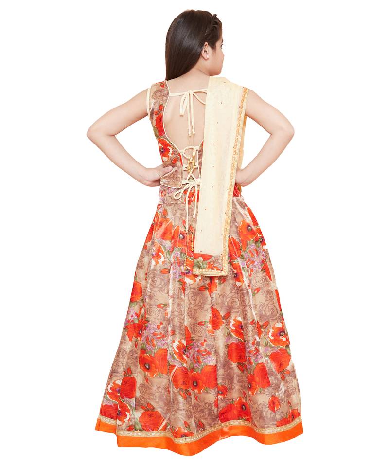 Orange silk printed stitched   lehenga &   choli with dupatta