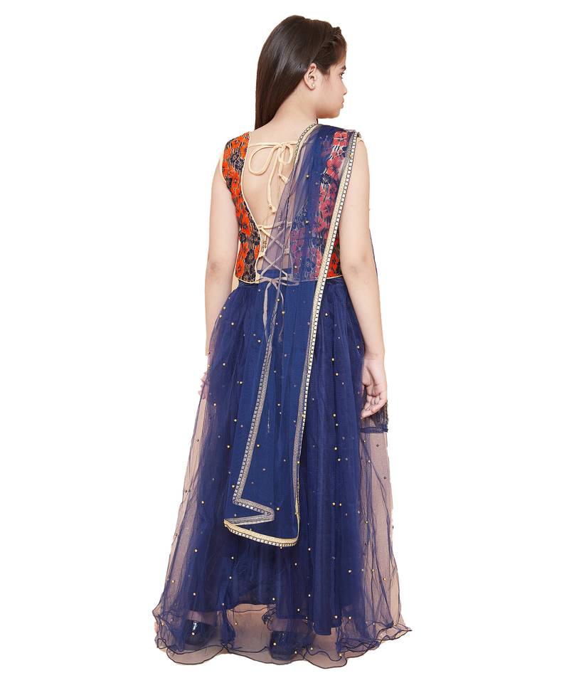 Blue Net printed stitched   lehenga &   choli with dupatta