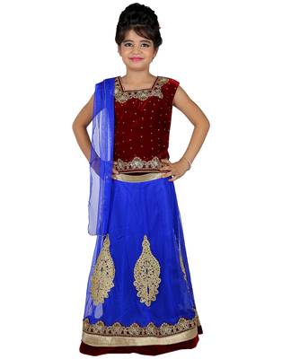 Blue Net Embroidered stitched   lehenga &   choli with dupatta 1