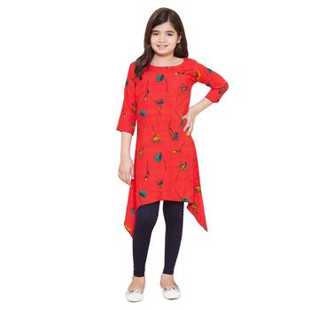 girls Red Rayon printed stitched   kurta with   leging 1