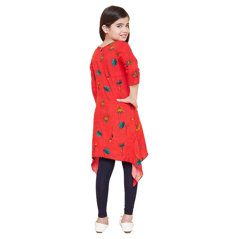 girls Red Rayon printed stitched   kurta with   leging