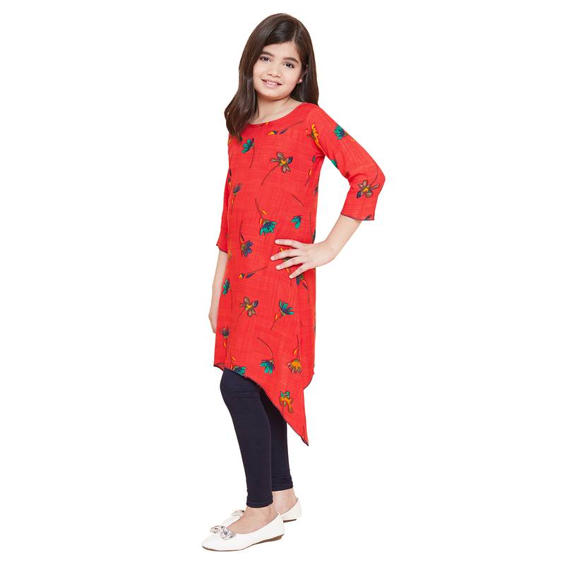 girls Red Rayon printed stitched   kurta with   leging