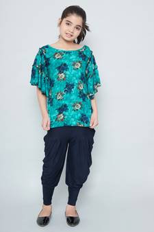 girls Green Rayon printed stitched   kurta with   dhoti