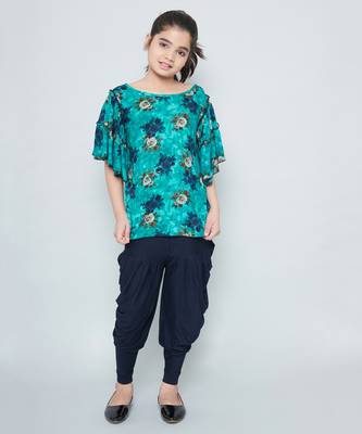 girls Green Rayon printed stitched   kurta with   dhoti 1