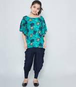 girls Green Rayon printed stitched   kurta with   dhoti