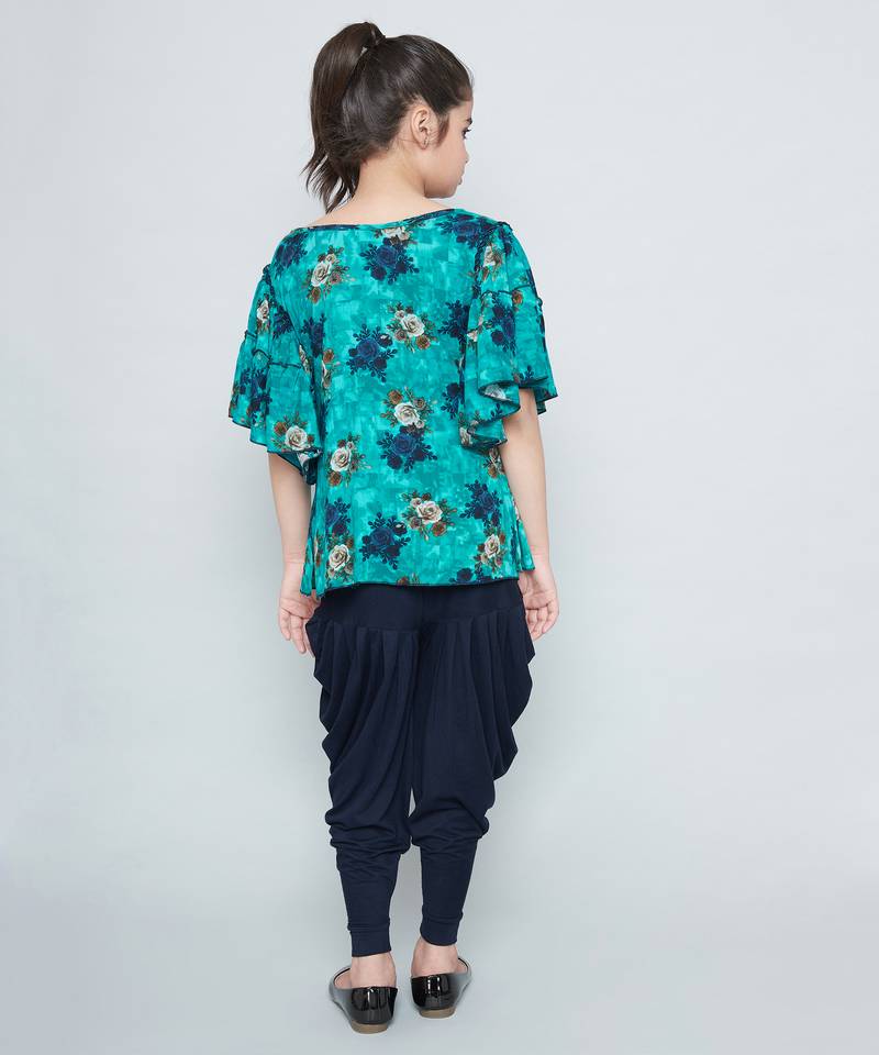 girls Green Rayon printed stitched   kurta with   dhoti