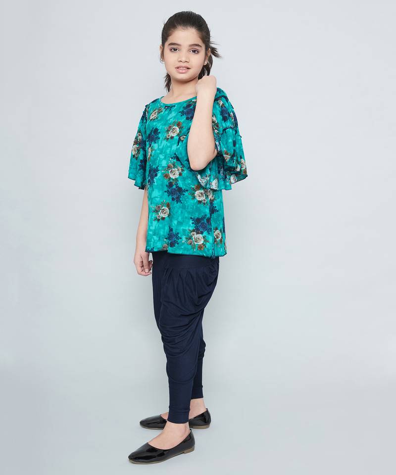 girls Green Rayon printed stitched   kurta with   dhoti