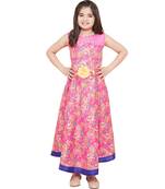 girls Pink silk printed stitched   dress