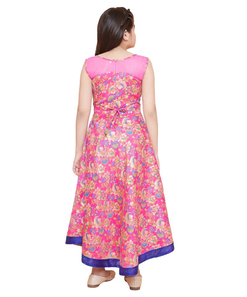 girls Pink silk printed stitched   dress
