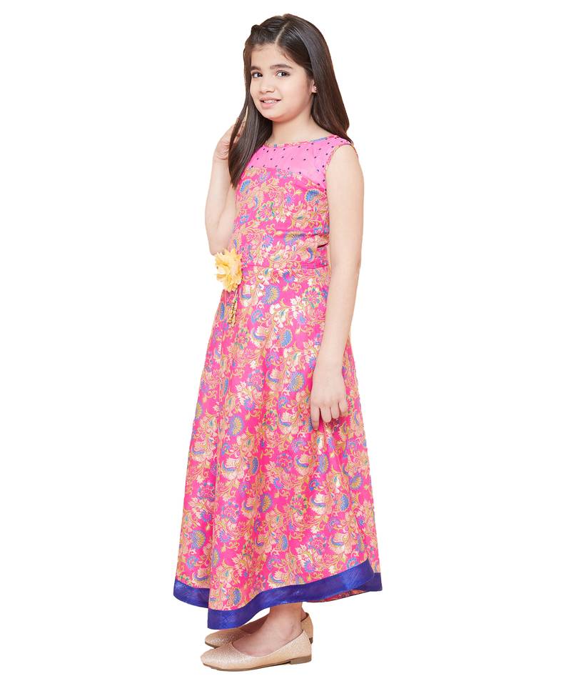 girls Pink silk printed stitched   dress