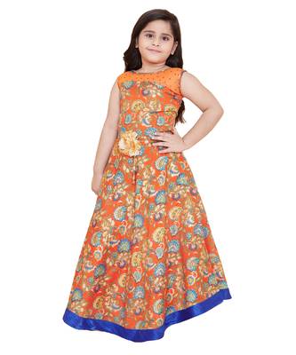 girls Orange silk printed stitched   dress 1