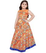 girls Orange silk printed stitched   dress