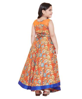 girls Orange silk printed stitched   dress 2