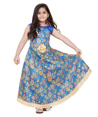 girls Blue silk printed stitched   dress 1