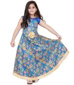 girls Blue silk printed stitched   dress