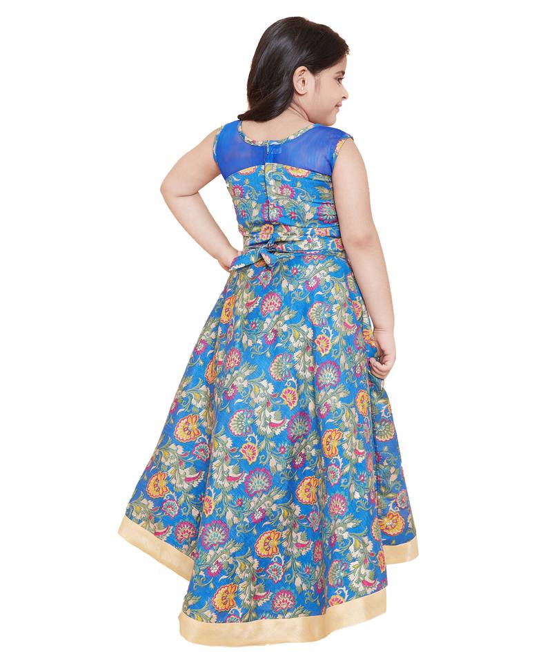 girls Blue silk printed stitched   dress
