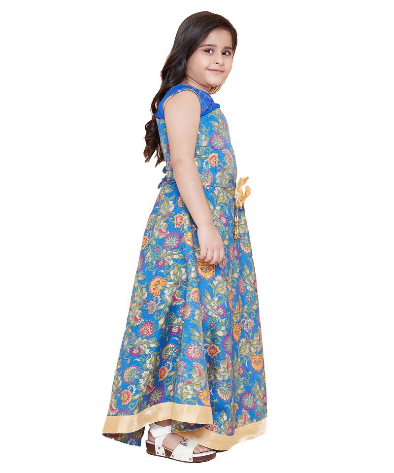 girls Blue silk printed stitched   dress