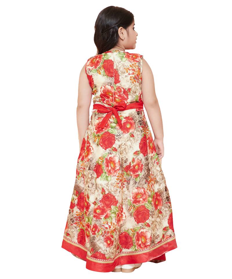 girls Red silk printed stitched   dress