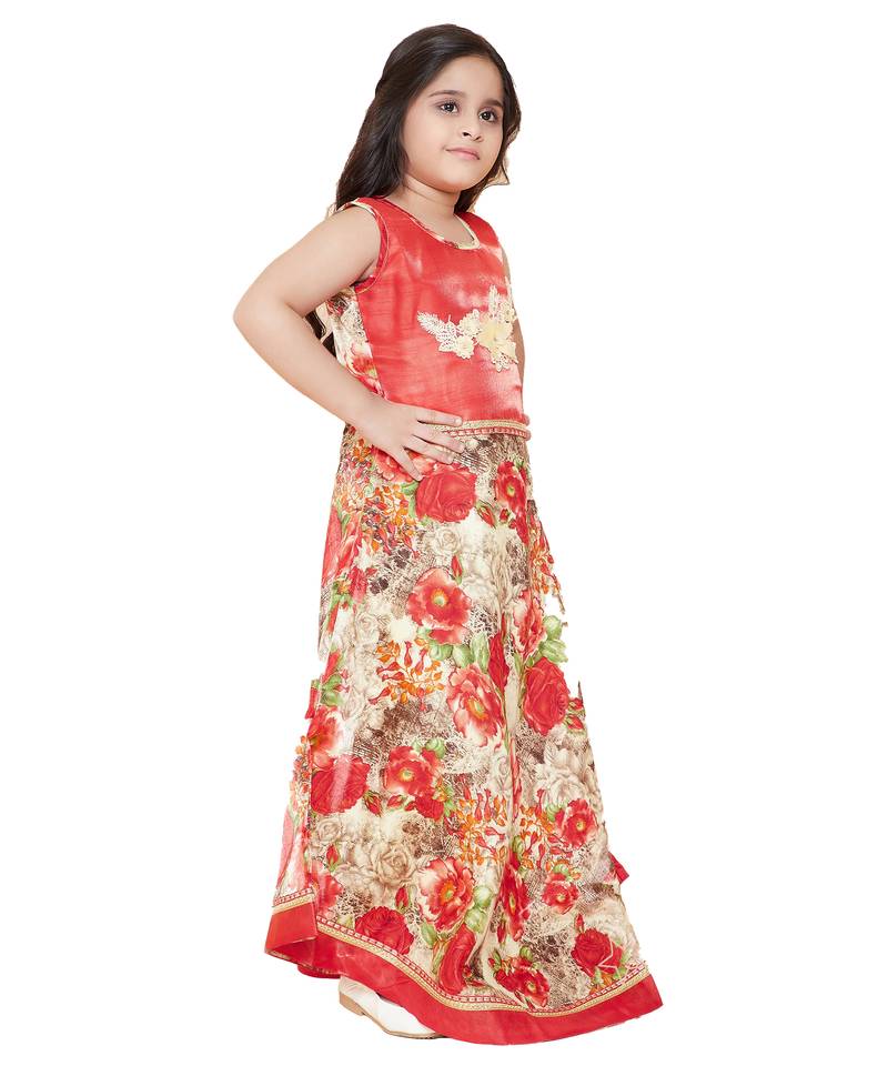 girls Red silk printed stitched   dress