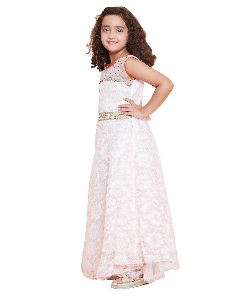 girls White Net printed stitched   dress