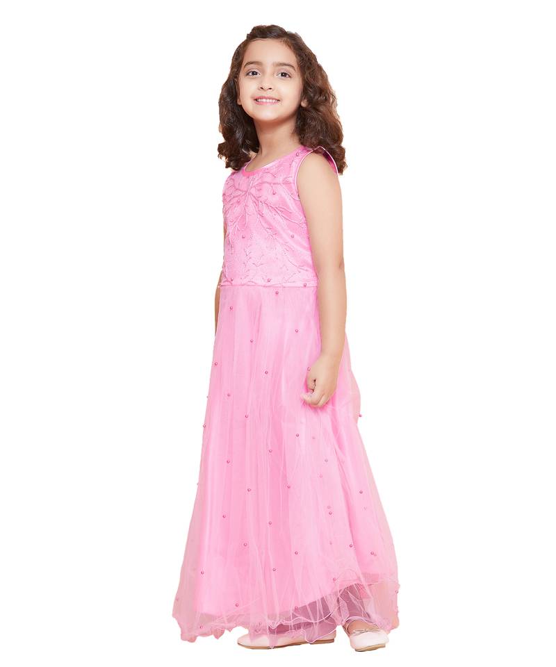 girls Pink Net printed stitched   dress