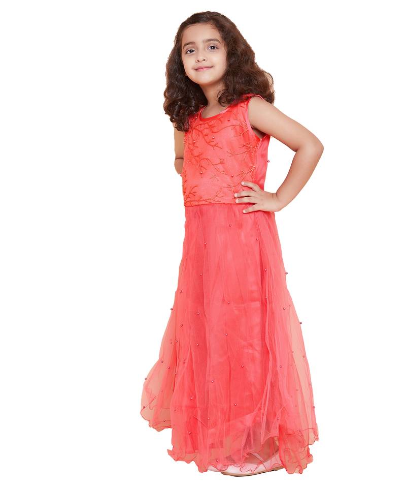 girls Red Net printed stitched   dress