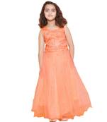 girls Beige Net printed stitched   dress