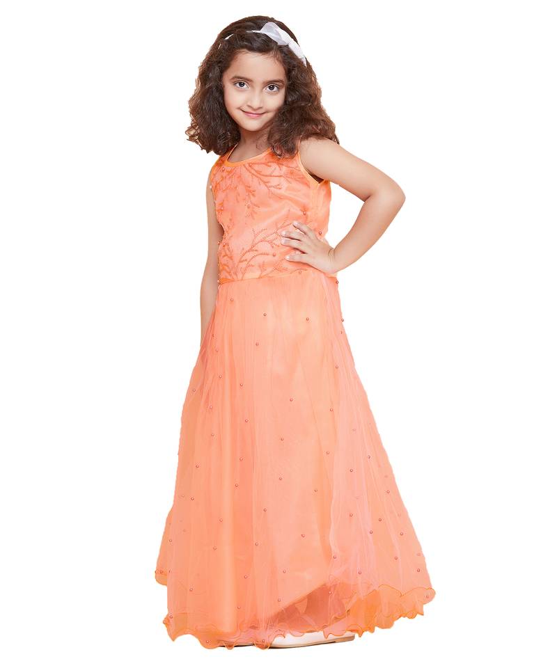 girls Beige Net printed stitched   dress