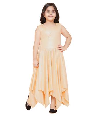 girls Beige cotton printed stitched   dress 1