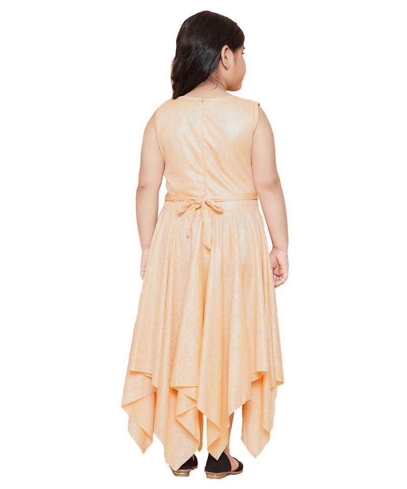 girls Beige cotton printed stitched   dress