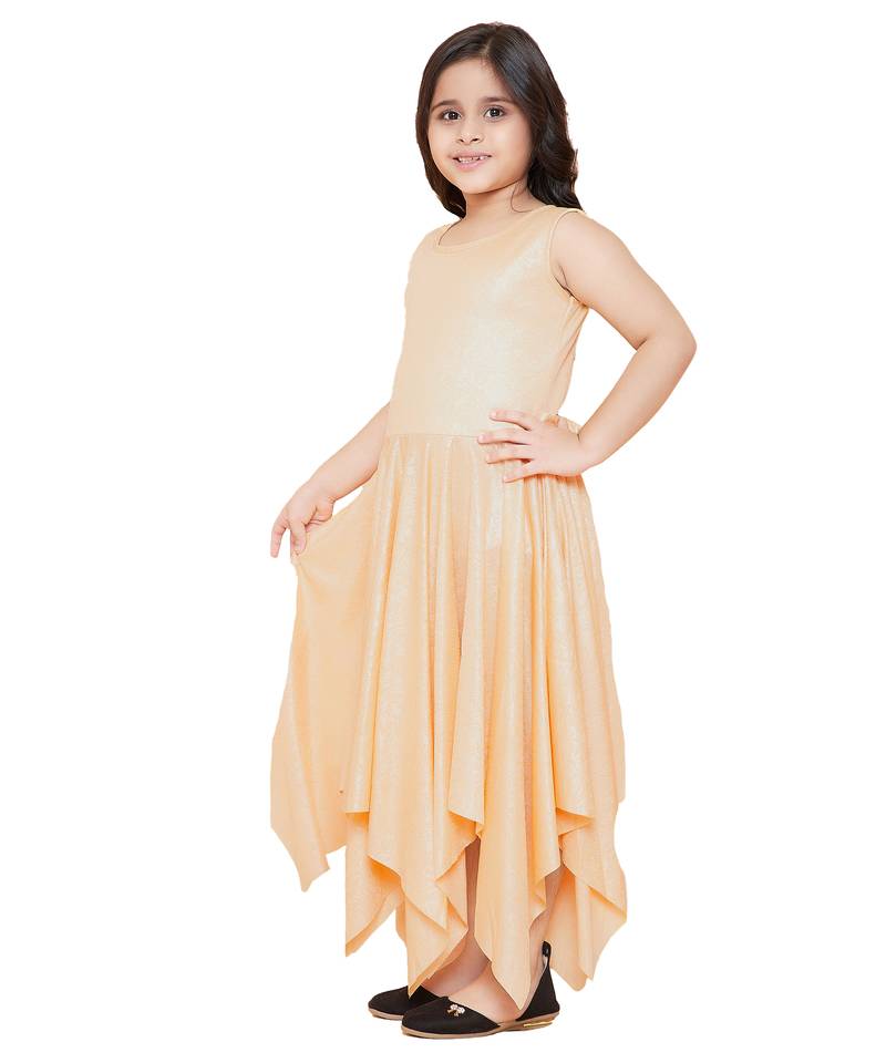 girls Beige cotton printed stitched   dress
