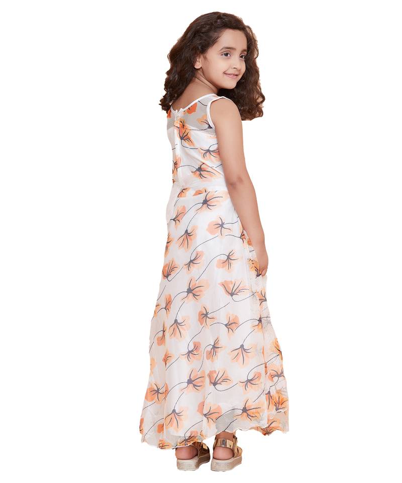 girls Orange Net printed stitched   dress