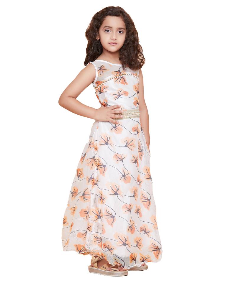 girls Orange Net printed stitched   dress