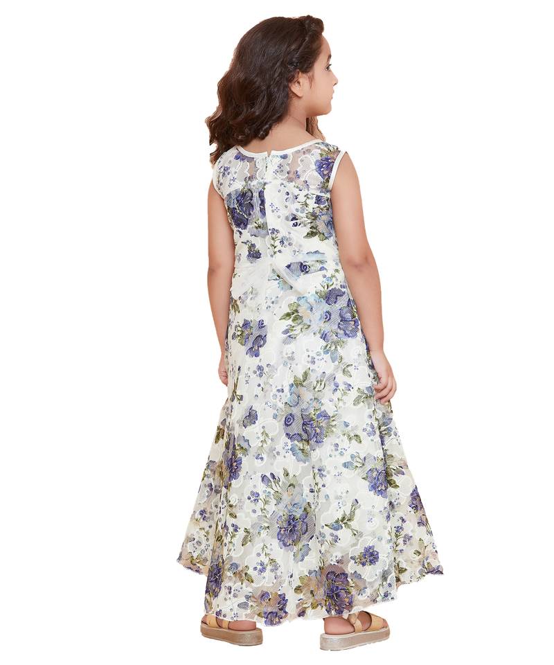 girls blue Net printed stitched   dress