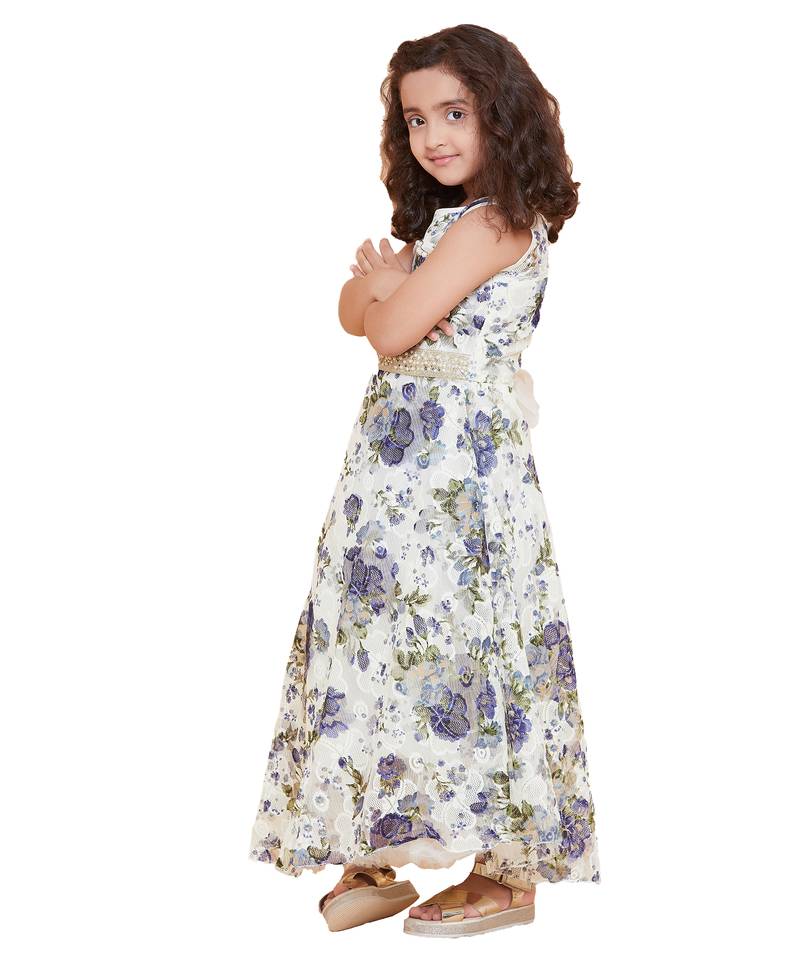 girls blue Net printed stitched   dress
