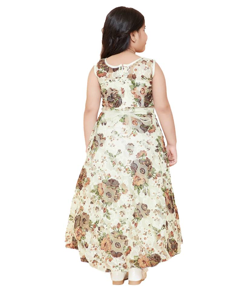 girls Brown Net printed stitched   dress