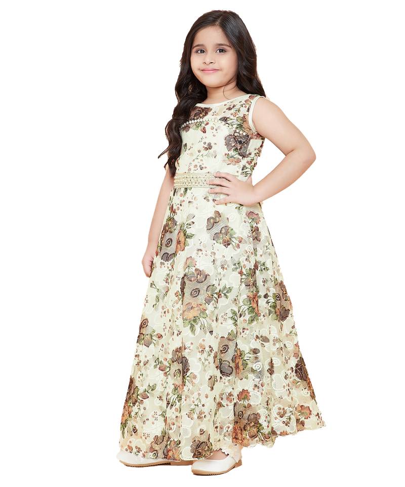 girls Brown Net printed stitched   dress