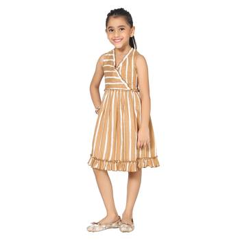 Beige printed cotton kids-frocks 1