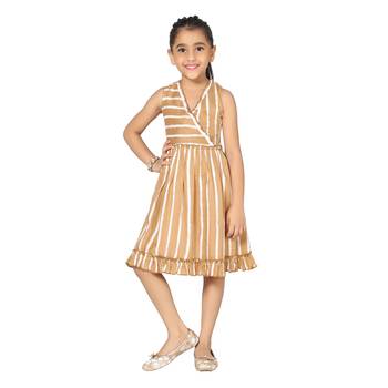 Beige printed cotton kids-frocks 2