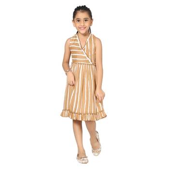 Beige printed cotton kids-frocks 5