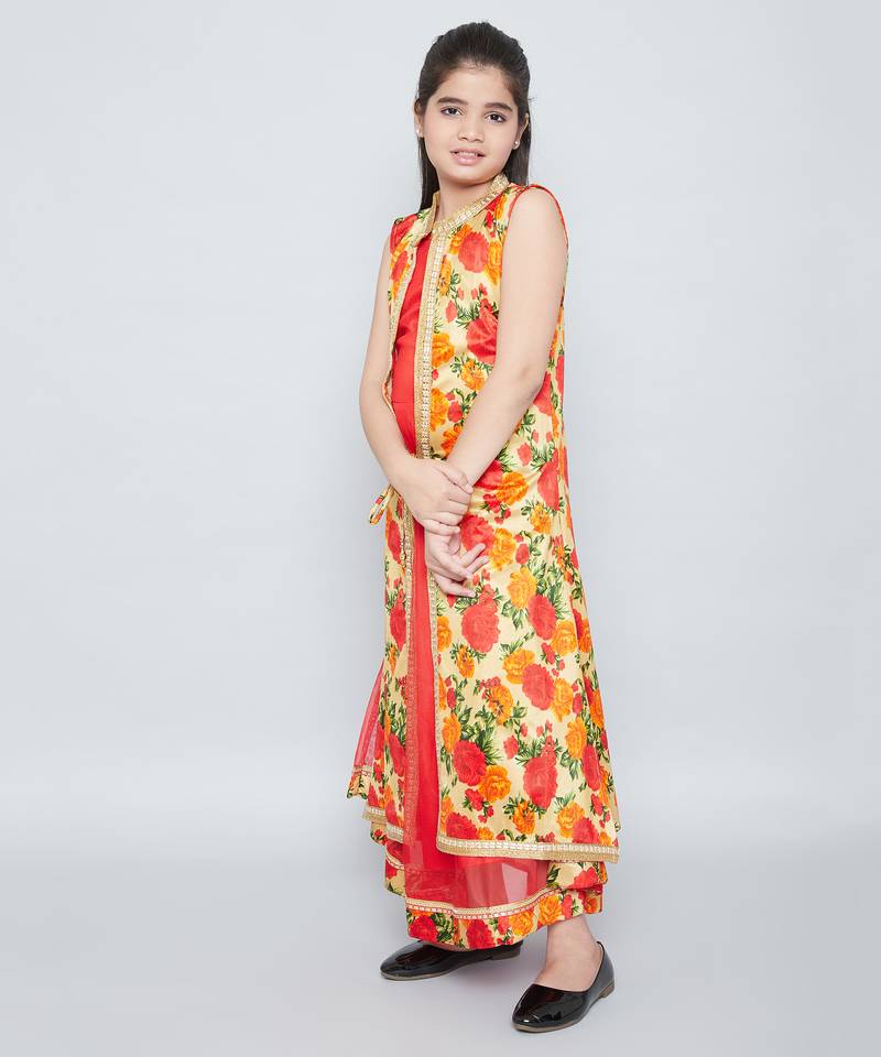 girls Red Net printed stitched   dress