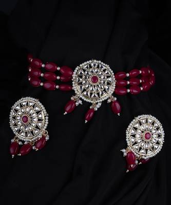 Red Gold Plated Beaded Studded Necklace Set With Earrings 1